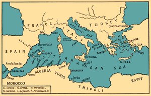 Mapa da pirataria antiga e dos corsários da Barbária, de "History of Piracy" de Philip Gosse de English School