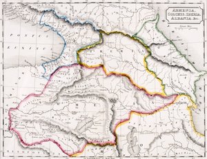 Mapa da Arménia, Cólquida, Península Ibérica e Albânia, de "O Atlas da Geografia Antiga", de Samuel Butler, publicado em Londres, c.1829 (cor lito)