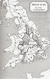 Mapa da Grã-Bretanha em 640, do Reino da Nortúmbria em &39;Uma Breve História do Povo Inglês&39; por JR Green, publicado em 1893