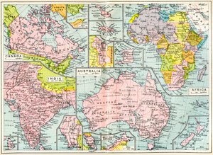 Mapa de posses britânicas em 1914 no início da Primeira Guerra Mundial, de The British Empire Universities Modern English Illustrated Dictionary, pub.1914 de English School