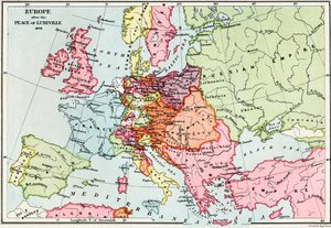 Mapa da Europa após a Paz de Luneville, 1801, de "Uma Breve História do Povo Inglês" por JR Green, publicado em 1893