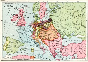 Mapa da Europa após a Paz de Tilsit em 1807, de "Uma Breve História do Povo Inglês" por JR Green, publicado em 1893