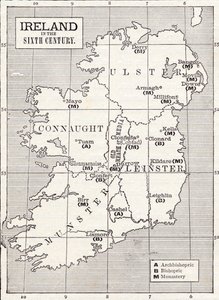 Mapa da Irlanda no século VI, do livro "A Igreja da Inglaterra: Uma História para o Povo", publicado em 1910