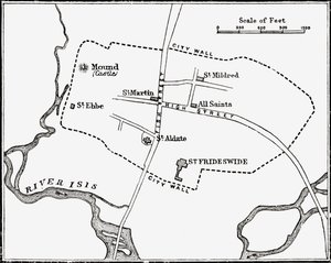 Mapa de Oxford, Inglaterra, do século XII ao XIII, de "Uma Breve História do Povo Inglês", de JR Green, publicado em 1893 de English School