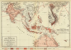 Mapa do Sudeste Asiático e Norte da Austrália; Mapa ampliado de Tonquin, Annam e Cochhin China (cor litho) de English School