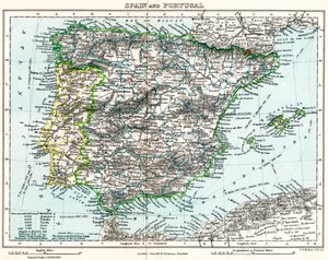 Mapa de Espanha e Portugal da Galeria de Geografia de Milner, c.1872 (litografia a cores) de English School