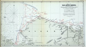 Mapa da América do Ártico Oeste mostrando as trilhas do HMS Enterprise and Investigator em 1850-1854 de English School