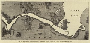 Mapa do rio Niágara desde o cimo das cataratas até ao redemoinho onde o capitão Webb se perdeu (gravura) de English School