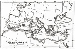 Mapa das colónias fenícias e das suas rotas comerciais mediterrânicas de English School