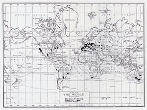 Mapa do mundo mostrando os países produtores de vinho (litho) de English School