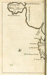 Mapa mostrando a localização de Brobdingnag da primeira edição de Viagens para Várias Nações Remotas do Mundo, melhor conhecida como Gullivers Travels por Jonathan Swift de English School