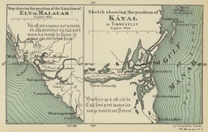 Mapa com a posição do Reino de Ely em Malabar, esboço com a posição de Kayal em Tinnevelly (litografia a cores) de English School