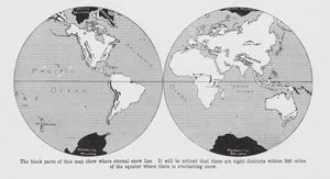 Mapa que mostra onde se encontra a neve eterna (litografia) de English School