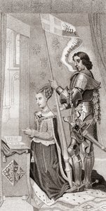 Margaret da Dinamarca com St. Canute, padroeira da Dinamarca, atrás dela segurando uma faixa mostrando a cruz das cruzadas. Margaret da Dinamarca de English School