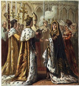 Casamento de Henrique VII, Rei da Inglaterra (1457-1509) com Isabel de York (1466-1503), em 18 de janeiro de 1486. Casamento de Henrique VII e Elizabeth de York. cromolitografia em "Pictures of English History" publicado por George Routledge & Sons.1890. P de English School