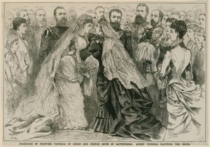 Casamento da princesa Vitória de Hesse e do príncipe Luís de Battenberg, rainha Victoria, saudando a noiva, 16 de maio de 1884 de English School