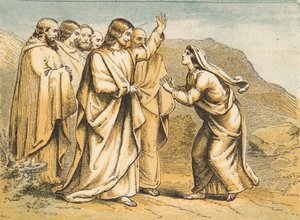 Marta encontrando Jesus após a Morte de Lázaro (gravura colorida) de English School