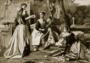 Mary Queen of Scots em um jardim conventual, ilustração de Hutchinsons História da nação britânica, c.1923 de English School