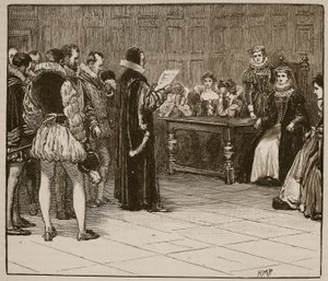 Maria, rainha dos escoceses recebendo intimação de sua desgraça, ilustração da história ilustrada de Cassells da Inglaterra (foto sépia) de English School