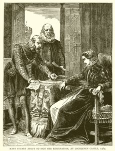 Mary Stuart sobre Assinar sua renúncia, em Lochleven Castle, 1567 de English School