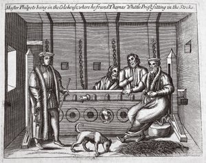 Master Philpots estava no Colehouse, onde encontrou Thomas Whittle, padre, sentado nos estoques, ilustração de Atos e Monumentos de John Foxe, nona edição, pub. 1684 de English School