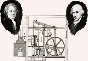 Matthew Boulton e James Watt com um dos motores a vapor patenteados de English School