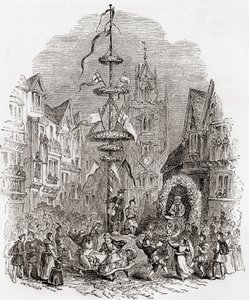 Dança do mastro em frente à Igreja de St Andrew Undershaft, Londres, Inglaterra, no século XIX, de Old England: A Pictorial Museum, pub. 1847 de English School