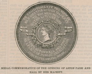 Medalha comemorativa da abertura do Aston Park e Hall por Sua Majestade de English School
