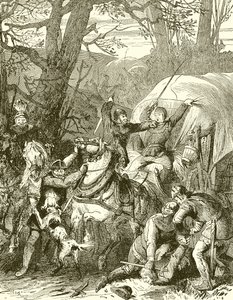 Alfândega Medieval. Cavaleiros do ladrão que atacam uma caravana mercante de English School