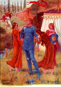 Cavaleiro medieval, Estrela da Manhã, preparado para a batalha. Ilustração a cores da história de Gareth e Lynette do livro The Gateway to Tennyson, publicado em 1910. de English School