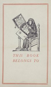Escriba medieval trabalhando em um manuscrito, etiqueta de propriedade de livro (cor litho) de English School