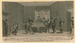Encontro dos Conspiradores da Conspiração da Pólvora, Guy Fawkes, Catesby, etc de English School