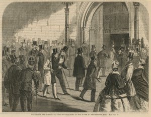 Membros do Commons na porta privada da casa em Westminster Hall de English School