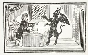 Mefistófeles chega à casa dos doutores, ilustração de Chap-books do século XVIII de John Ashton, pub. 1882 de English School