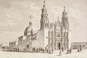 Catedral metropolitana na Plaza de Armas, Chihuahua, México, no século XIX (litografia) de English School