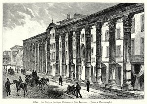 Milão: as dezasseis colunas antigas de San Lorenzo (gravura) de English School