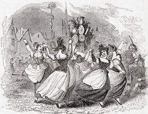 Dança da leiteira, com uma pilha de pratos, Dia de maio, Inglaterra, de Old England: A Pictorial Museum, pub. 1847 de English School