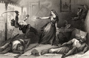 Miss Wheeler defendendo-se contra os Sepoys em Cawnpore em 1857, de "A História do Motim Indiano", publicada em 1858 (gravura) de English School