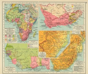 A europeização moderna de África As possessões europeias e as esferas de influência no início da Grande Guerra (litografia a cores) de English School