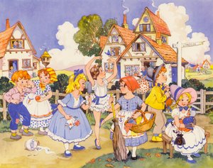 A criança de segunda-feira é bonita de rosto (litografia a cores) de English School
