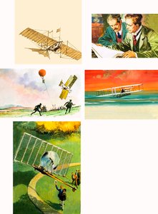 Montagem do voo inicial incluindo os irmãos Wright (guache no papel) de English School