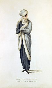 Fato de manhã, traje de passeio ou carruagem, placa de moda do Repositório de Artes de Ackermann (gravura colorida) de English School