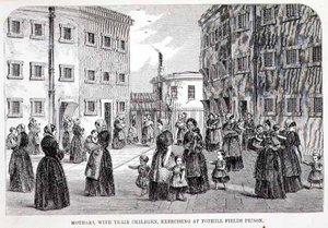 Mães com seus filhos exercitando-se na prisão de Tothill Fields, de "The Criminal Prisons of London and Scenes of Prison Life" de Henry Mayhew (1812-87) e John Binny de English School