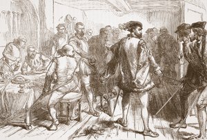 Faixa de Mouchares que ataca os protestantes no Hostelry no Faubourg St Germain, ilustração da história do protestantismo por James Aitken Wylie (1808-1890), bar. 1878 de English School