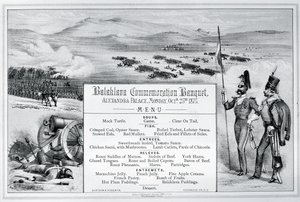 Menu ilustrado montado para o Banquete de Comemoração de Balaklava realizado no Palácio de Alexandra, 25 de Outubro de 1875 (gravura) de English School