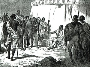 Entrevista de Mr. Rassam com o rei Theodore da ilustrada história de Cassell da Inglaterra, 1868 de English School