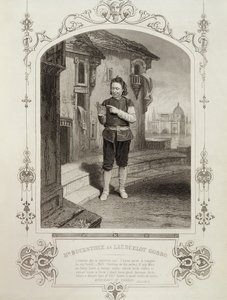 Sr. Buckstone como Lancelot Gobbo, Ato II Cena 2, em O Mercador de Veneza por William Shakespeare (1564-1616)