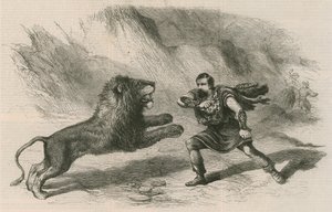 Sr. Crockett, o domador de leões, se apresentando com seus leões no Astleys Theatre, em Londres de English School