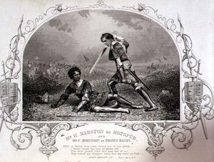 Sr. H. Marston como Hotspur e Sr. F. Robinson como Príncipe Henry, Acto V Cena 4 de Henry IV (Parte I) de um daguerrotype por Paine of Islington, pub. por John Tallis & Co. (litho) de English School