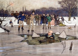 Mr. Pickwick on the ice Ilustração das obras de Charles Dickens (1812-1870) da escola inglesa. 1837 Coleção particular de English School